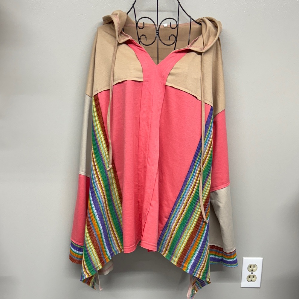 Long Sleeved Hooded Pink and Tan Oversized Fit with Rainbow Stripes